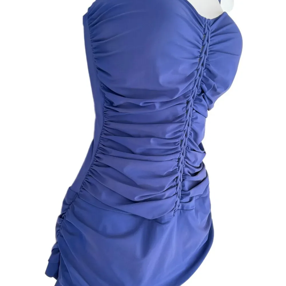 Profile by Gottex Swimsuit 12 One Piece w Skirt Blue Swim Dress Ruched Braided - Picture 5 of 10